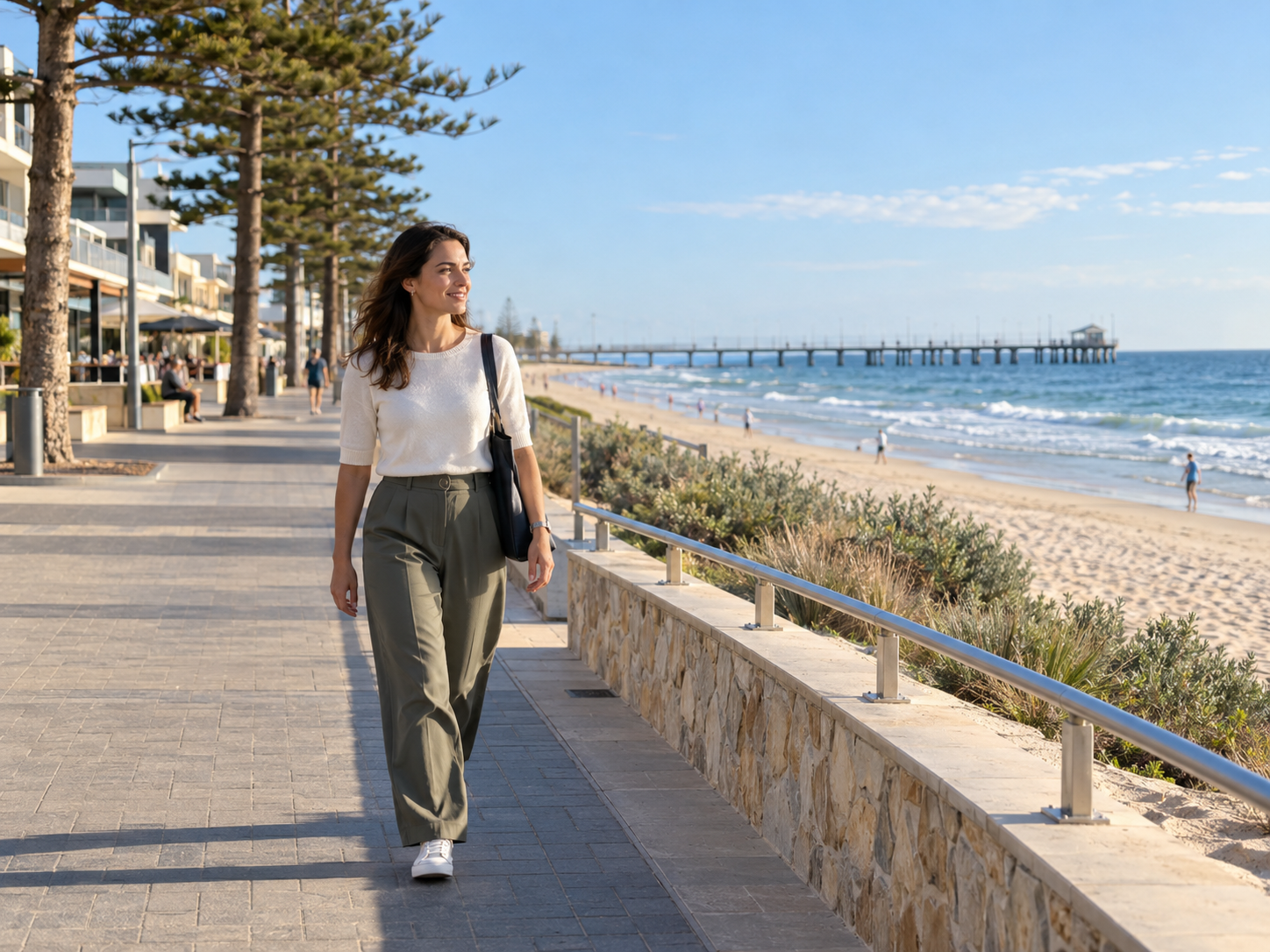 therapist walking near the Henley Beach foreshor3